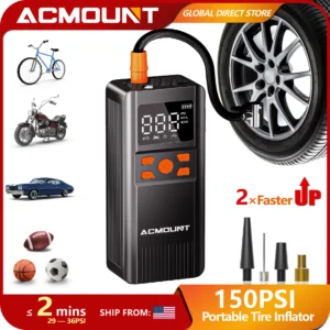 ACMOUNT Portable 150PSI Tire Inflator, Cordless Air Pump with Digital Gauge &