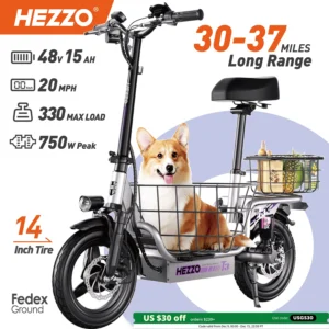 HEZZO Foldable Electric Scooter Seat & Basket 48V 15Ah 500W Full Suspension Powerful
